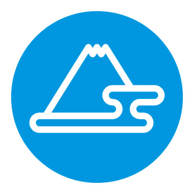 都富士本舗のロゴ。水色の丸に富士山と雲のデザイン。